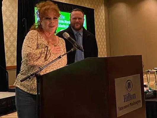 Former SWWACLC President Shannon Myers upon receiving the newly-renamed Shannon Myers In Solidarity Award at the 2023 Southwest Washington Labor Awards
