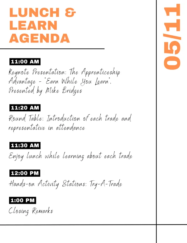 The Agenda For The the 5/11/23 Lunch and Learn Apprenticeship Event at Kelso High School